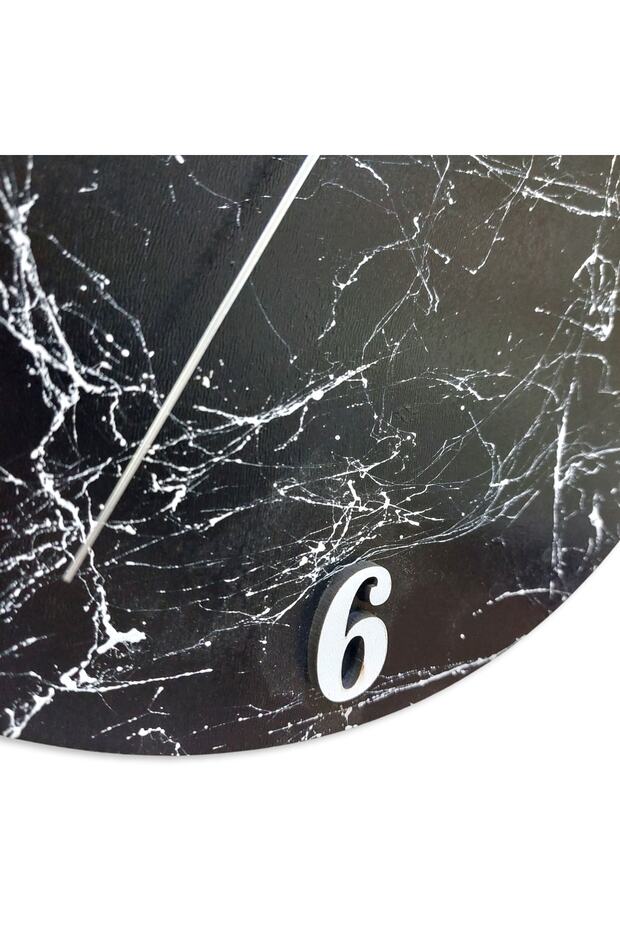 Black Round Marble Patterned Wooden Modern Wall Clock - 5