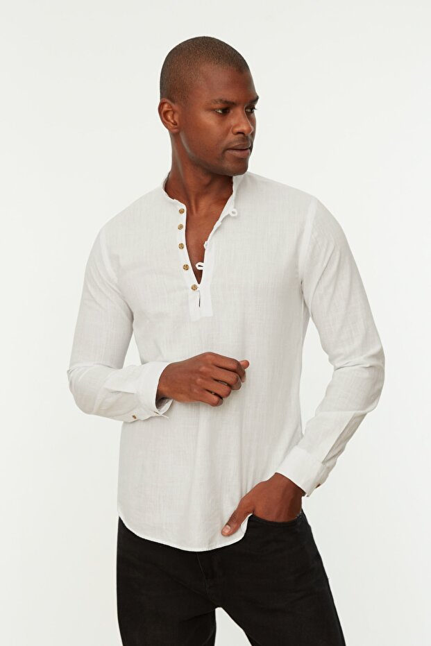 Beyaz Slim Fit Yarım Patlı Düğmeli Hakim Yaka %100 Pamuklu Gömlek TMNSS20GO0097 - 3