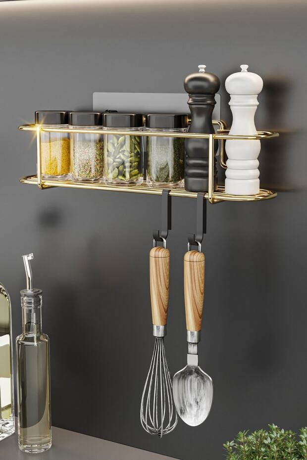 Spice Rack Luxury Metal Gold Kitchen Shelf Bathroom Shelf with Adhesive Hooks Stylish Design Salt Shaker Hanger