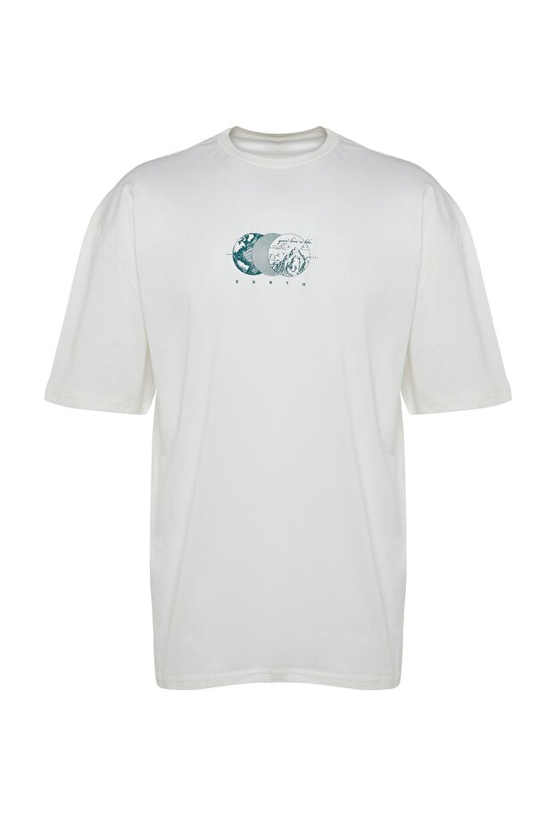 Ekru Oversize/Geniş Kesim Kısa Kol Baskılı %100 Pamuk T-Shirt TMNSS23TS00261 - 6