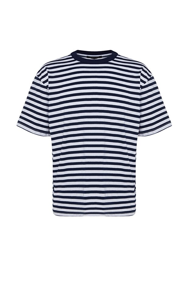 Lacivert Oversize/Geniş Kesim Çizgili Kısa Kol T-Shirt TMNSS20TS0511 - 6