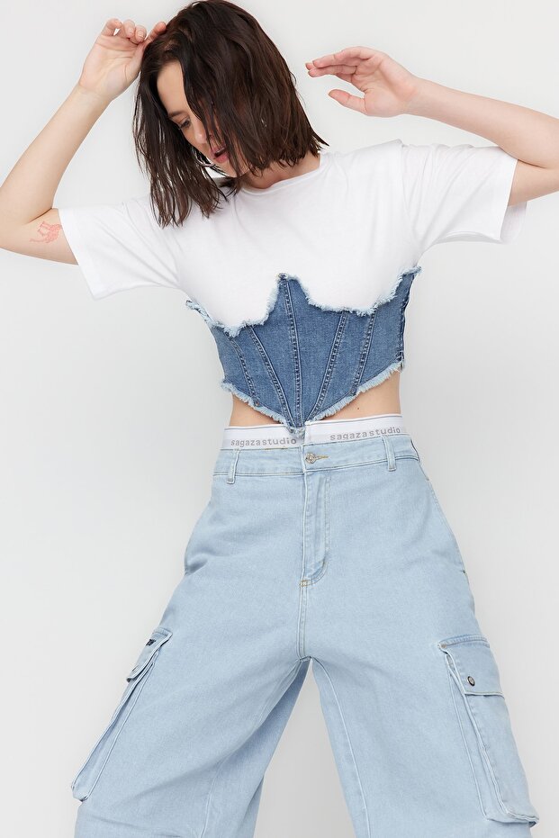 X Sagaza Studio Blue Corset Detail Denim Bustier TCLSS23BZ00004