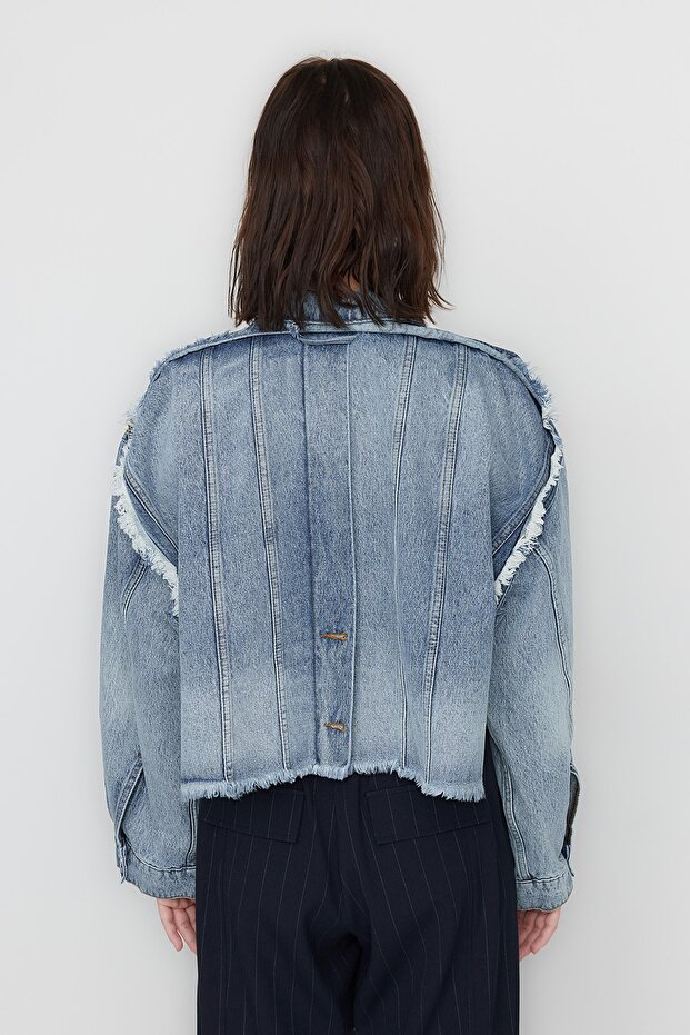 X Sagaza Studio Mavi Crop Denim Ceket TCLSS23CE00003 - 7