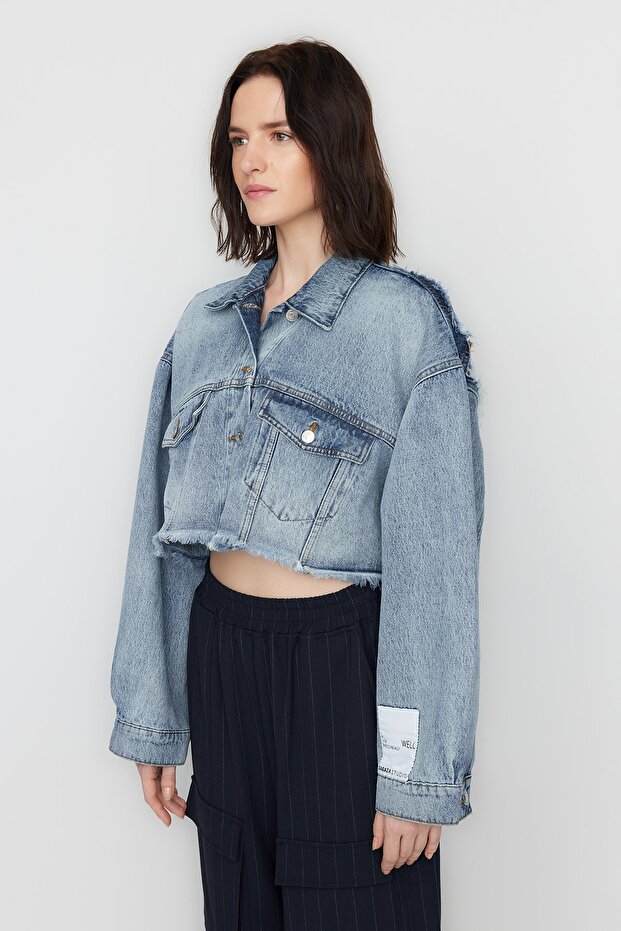 X Sagaza Studio Mavi Crop Denim Ceket TCLSS23CE00003 - 5