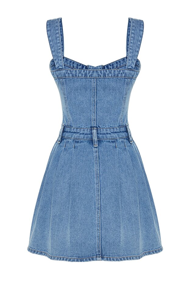 X Sagaza Studio Mavi Taş Baskı Detaylı Pileli Denim Elbise TCLSS23EL00009 - 8