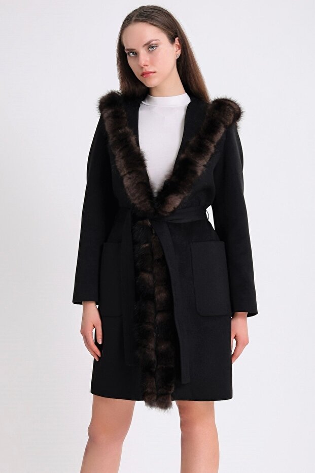 Black Cashmere Coat with Natural Sable Accessories
