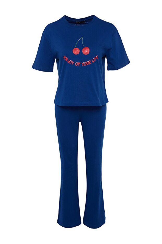 Lacivert %100 Pamuklu Kiraz Baskılı Örme Pijama Takımı THMSS23PT00134 - 8