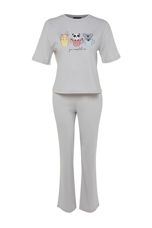 Jasnoszary, 100% bawełniany, zabawny, drukowany, dzianinowy komplet piżamy THMSS23PT00134 - 7