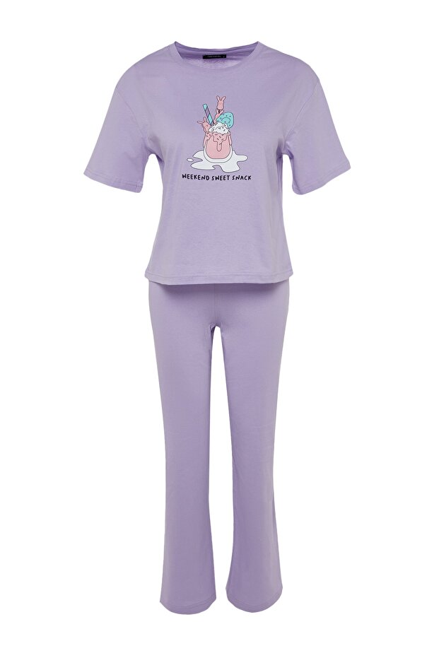 Lila %100 Pamuklu Eğlenceli Baskılı Örme Pijama Takımı THMSS23PT00134 - 7