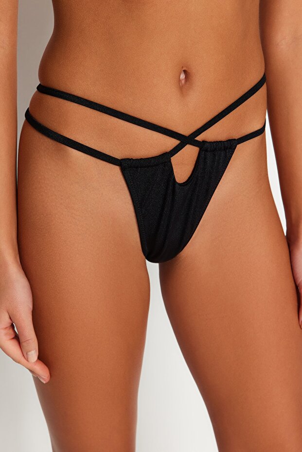 Siyah Tünelli High Leg Brazilian Bikini Altı TBESS22BA0159 - 3