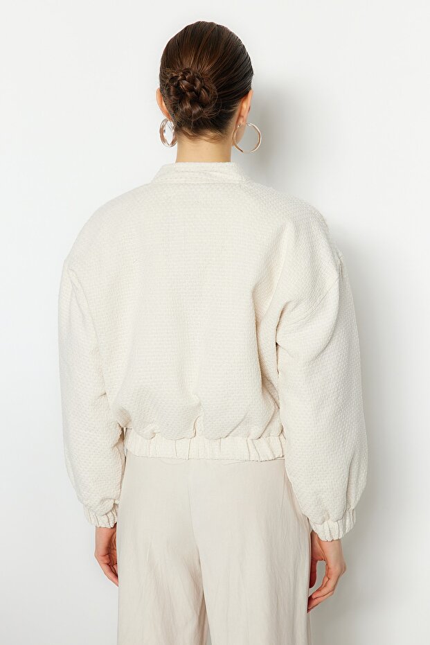 Oversize'owa kurtka typu bomber z tweedu w kolorze ecru - Twoss23Mo00052 - 6