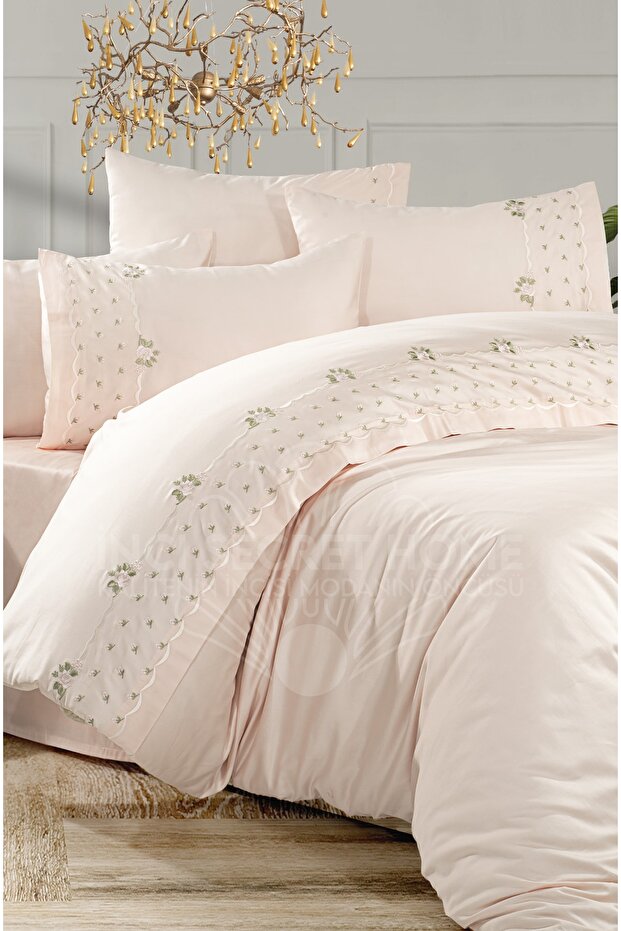 100% Cotton Satin Embroidered Duvet Cover Set - Double Size // 6 Pieces / Elegant Dowry Set, Luxury
