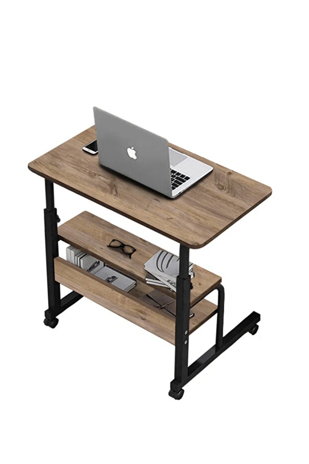 Laptop Stand and Desk with Adjustable Height and Double Shelves - Walnut (with Wheels) 70 X 40 cm