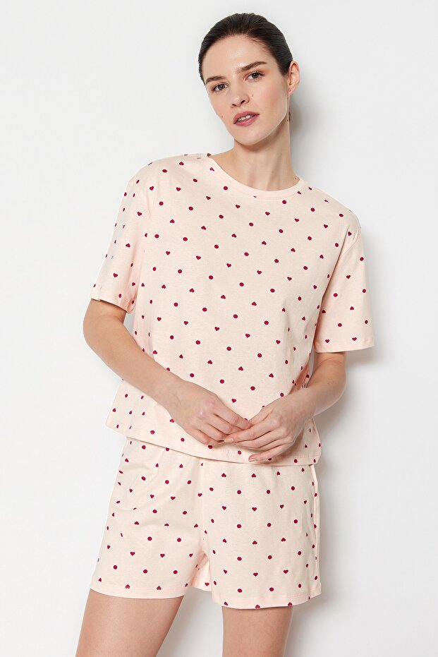Açık Pembe %100 Pamuklu Puantiyeli ve Kalpli Şortlu Örme Pijama Takımı THMSS21PT1485 - 2