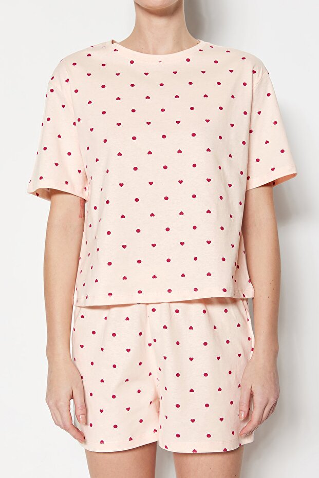 Açık Pembe %100 Pamuklu Puantiyeli ve Kalpli Şortlu Örme Pijama Takımı THMSS21PT1485 - 4