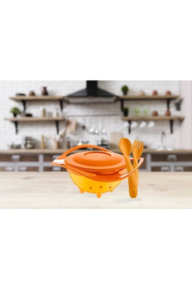 Non-Spill Plate Orange & Food Spoon Fork Set Orange