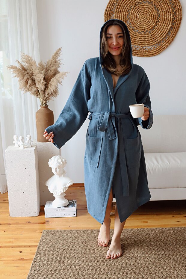 Adult Plain Muslin Bathrobe, Special Design 100% Cotton 2 Layers Hooded Indigo Blue