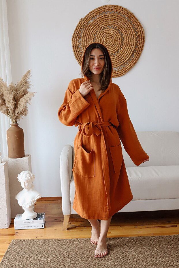 Adult Plain Muslin Bathrobe, Custom Designed , %100 Cotton, Double Layer Hooded, Dark Terracotta Color.