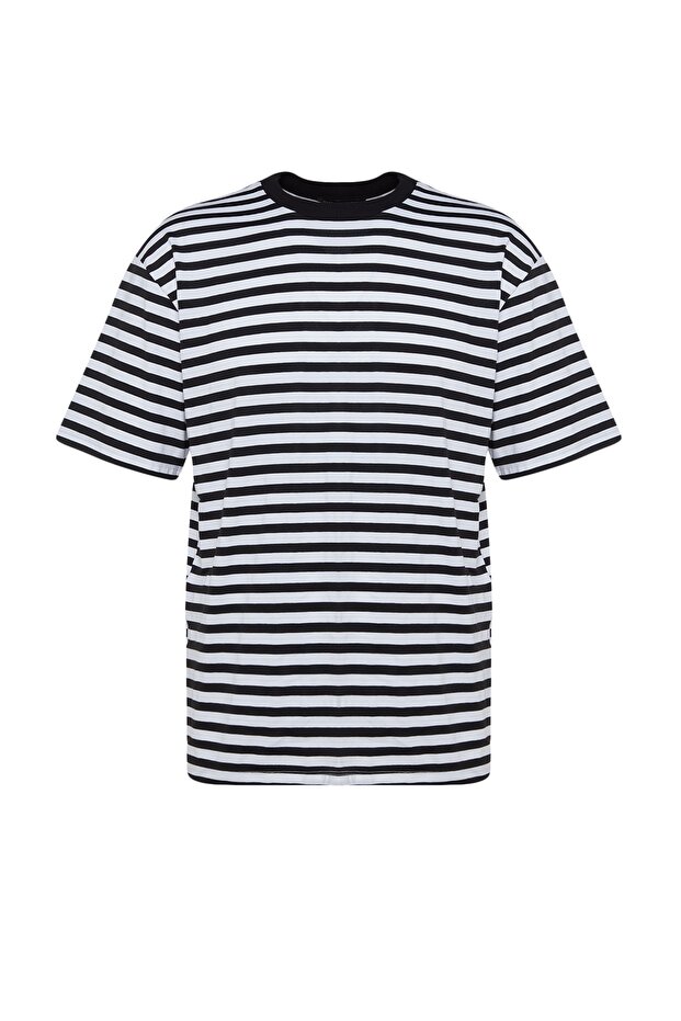 Siyah Oversize/Geniş Kesim Çizgili Kısa Kol T-Shirt TMNSS20TS0511 - 6