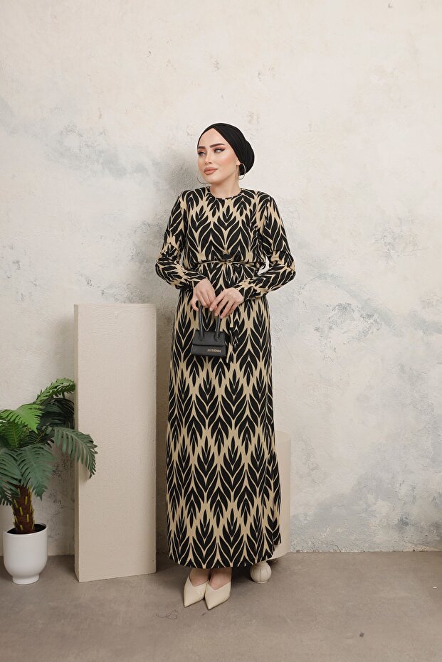 Yaprak Desenli Elbise - 1