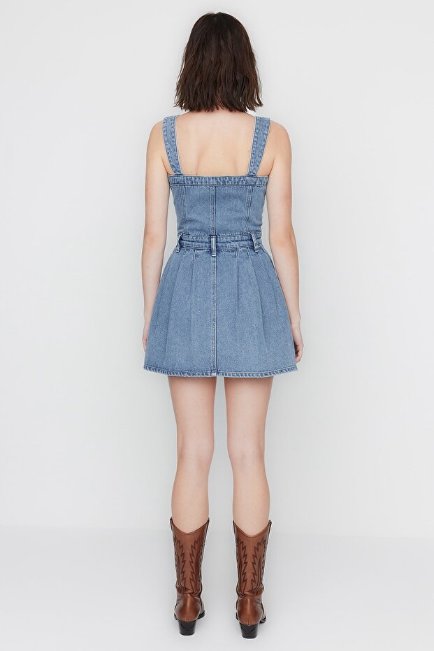 X Sagaza Studio Mavi Taş Baskı Detaylı Pileli Denim Elbise TCLSS23EL00009 - 5