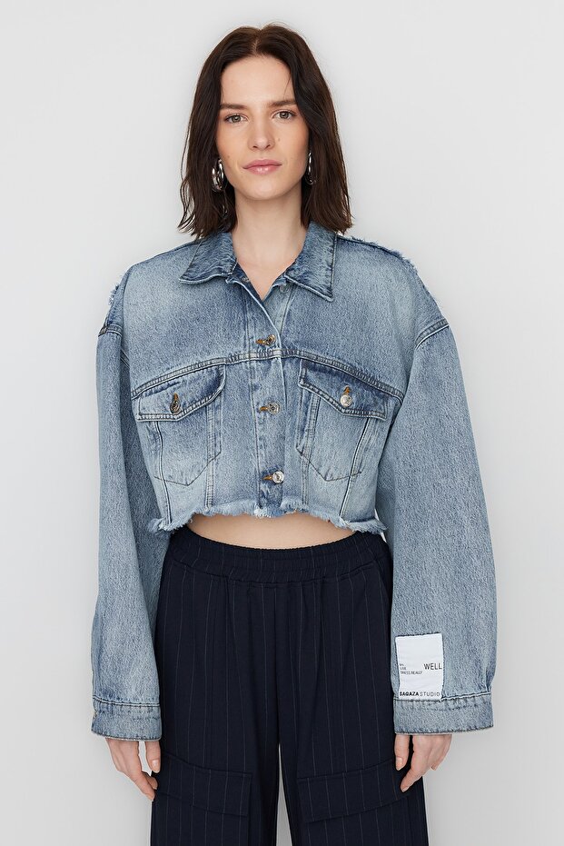 X Sagaza Studio Mavi Crop Denim Ceket TCLSS23CE00003 - 2