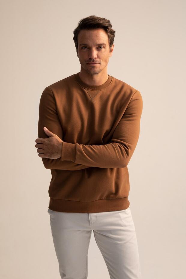 Regular Fit Crew Neck Basic Cotton Sweatshirt - 1