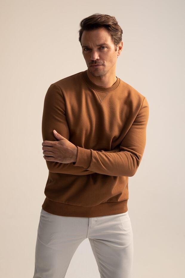 Regular Fit Crew Neck Basic Cotton Sweatshirt - 3