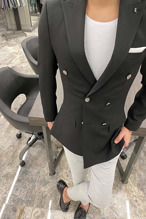 Kruvaze Siyah Tek Ceket - 3