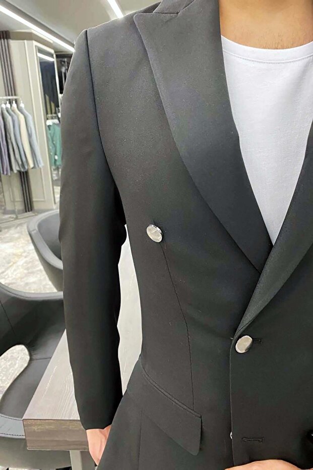 Kruvaze Siyah Tek Ceket - 4