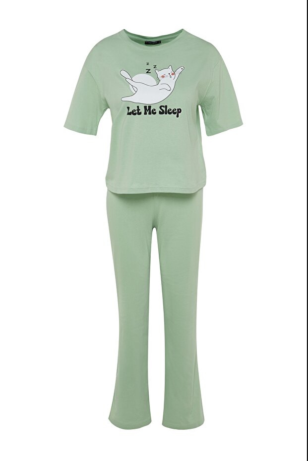 Açık Yeşil %100 Pamuklu Hayvan Baskılı Örme Pijama Takımı THMSS23PT00134 - 7