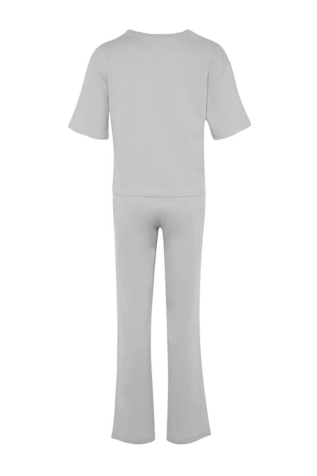 Jasnoszary, 100% bawełniany, zabawny, drukowany, dzianinowy komplet piżamy THMSS23PT00134 - 8