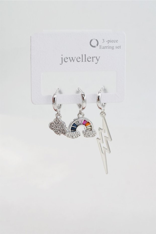 Set of 3 Women's Baguette Zircon Stone Cloud and Lightning Figure Earrings