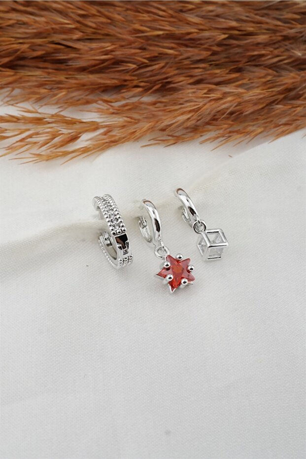 Women's Zircon Stone Star and Cube Model 3-Piece Earring Set