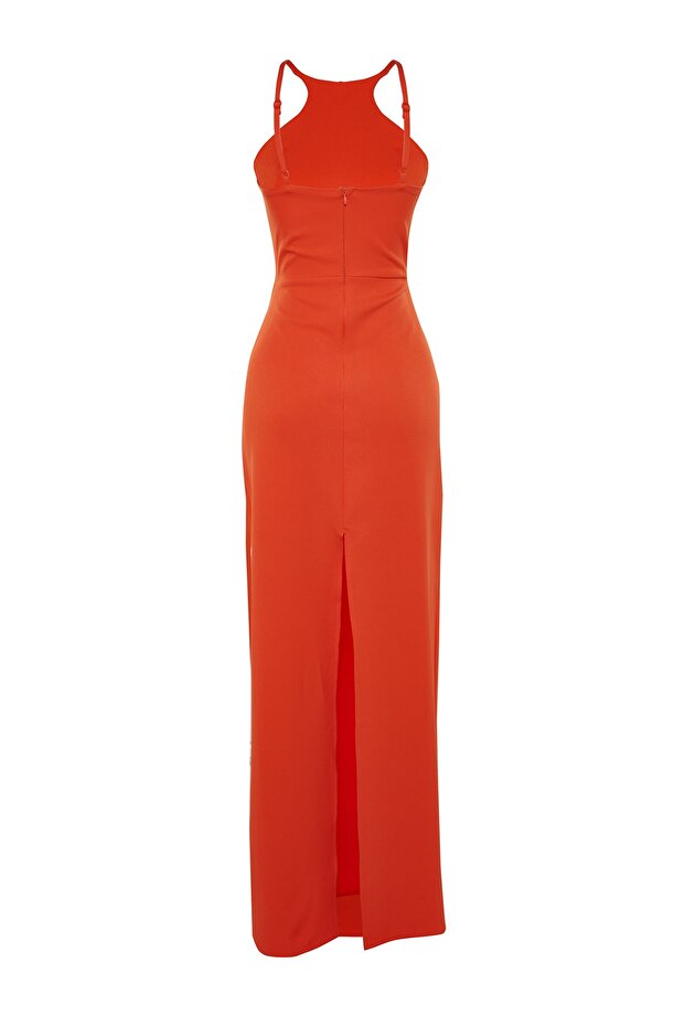 Tkané dlouhé večerní šaty s oranžovou podšívkou TPRSS23AE00151 - 8