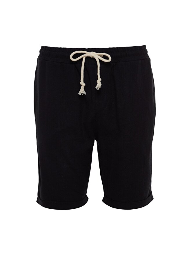Siyah Normal Kesim/Regular Fit %100 Pamuk Keten Görünümlü Şort TMNSS23SR00030 - 8