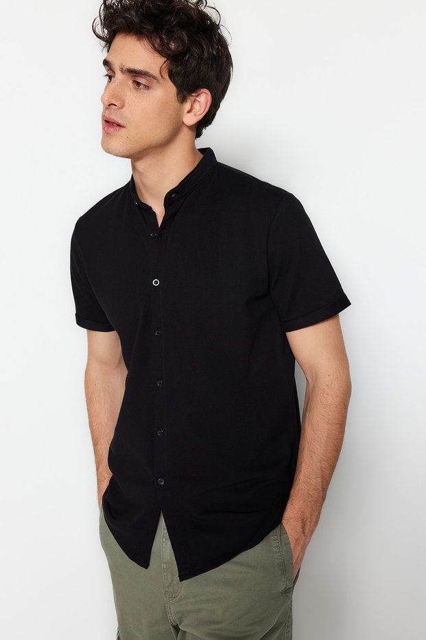 Black Slim Fit Judge Collar Short Sleeve Knitted Pique Summer Shirt Tmnss22Go0025