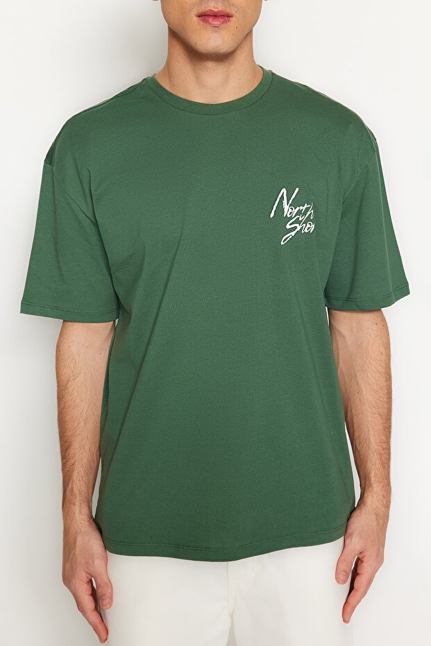 Yeşil Oversize/Geniş Kesim Yazı Baskılı %100 Pamuklu T-Shirt TMNSS20TS1099 - 3