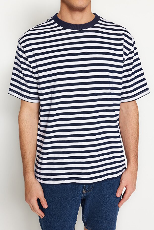 Lacivert Oversize/Geniş Kesim Çizgili Kısa Kol T-Shirt TMNSS20TS0511 - 4