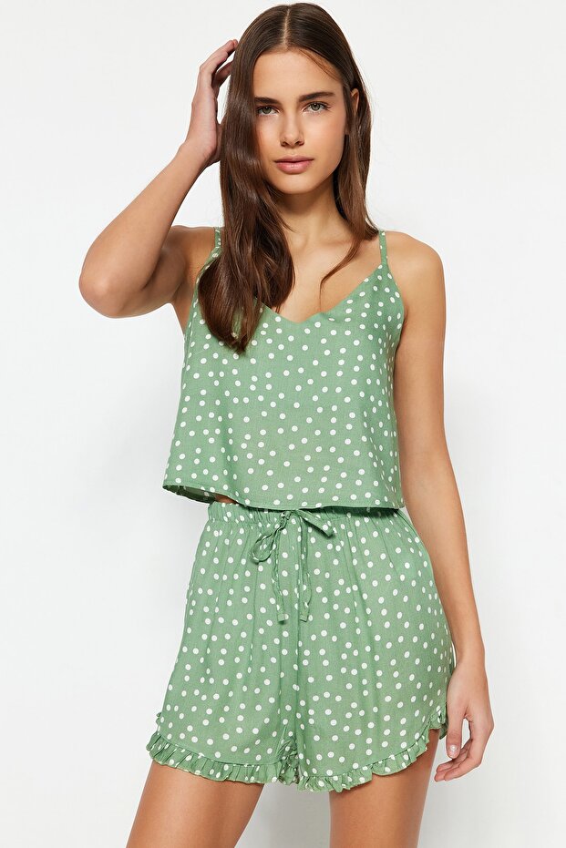 Mint Puantiyeli Fırfır Detaylı İp Askılı Viskon Şortlu Dokuma Pijama Takımı THMSS21PT0742 - 4