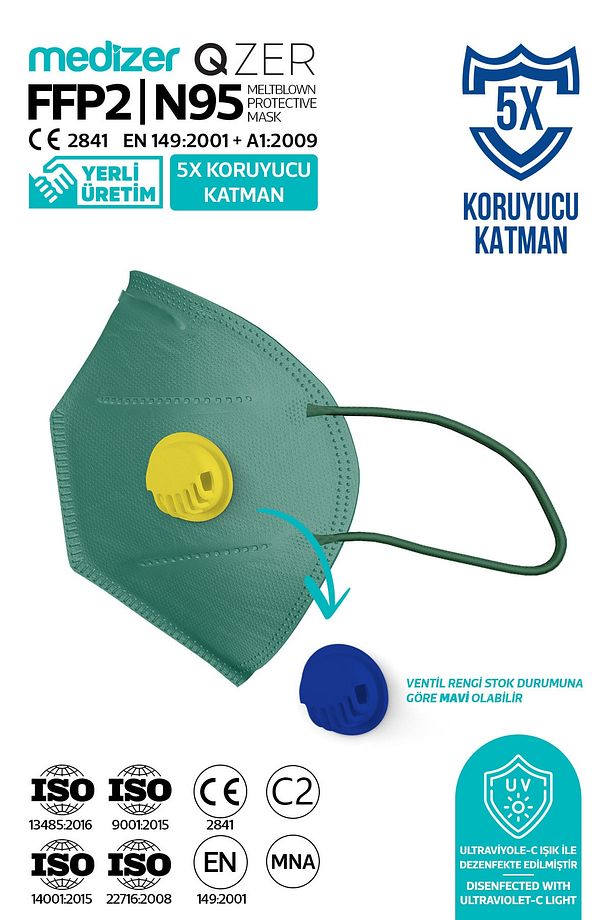 Qzer Yeşil 5 Katlı Ventilli Ffp2 Nr N95 Maske 10 Adet - 4