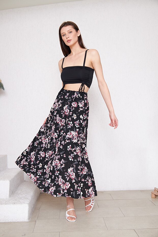 Virágmintás, hosszú bélésű rakott szoknya, rakott szoknya, anyai ajándék szoknya, krepp szoknya, hidzsáb szoknya - 2