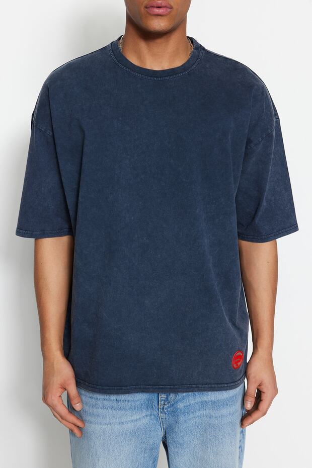 Indigo Oversize/Geniş Kesim Soluk %100 Pamuk T-Shirt TMNSS23TS00153 - 6
