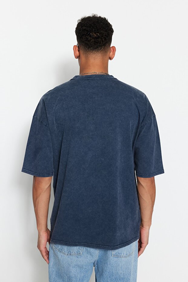 Indigo Oversize/Geniş Kesim Soluk %100 Pamuk T-Shirt TMNSS23TS00153 - 3