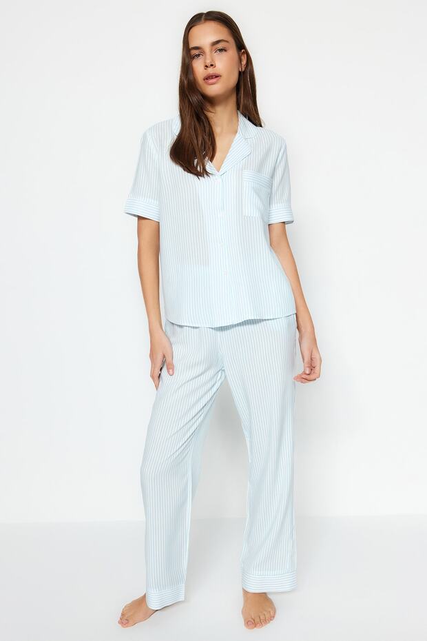 Mavi Çizgili Viskon Gömlek-Pantolon Dokuma Pijama Takımı THMSS21PT0159 - 2
