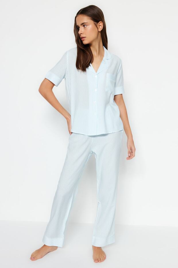 Mavi Çizgili Viskon Gömlek-Pantolon Dokuma Pijama Takımı THMSS21PT0159 - 3
