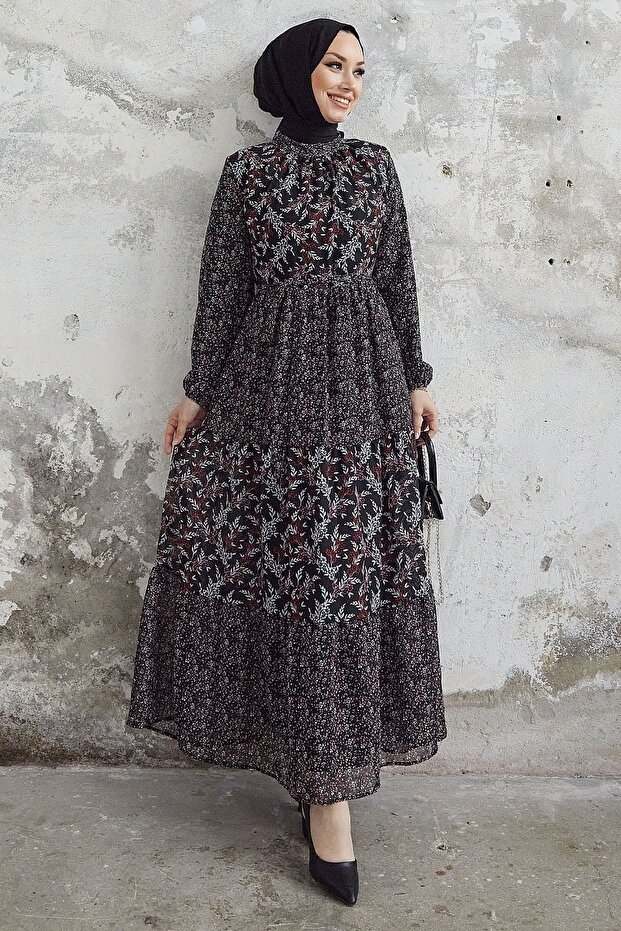 Nessa Floral Belted Chiffon Dress - Black