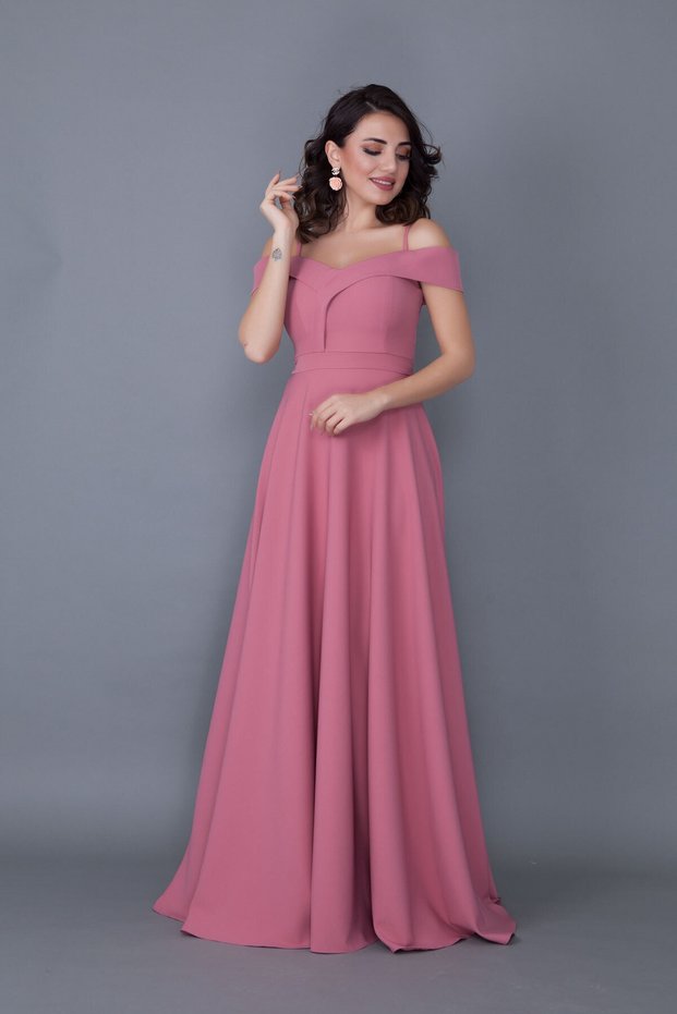 Women's Strappy Off-Shoulder Detail Maxi Length Flared Dried Rose Evening Dress Engagement and Graduation Dress