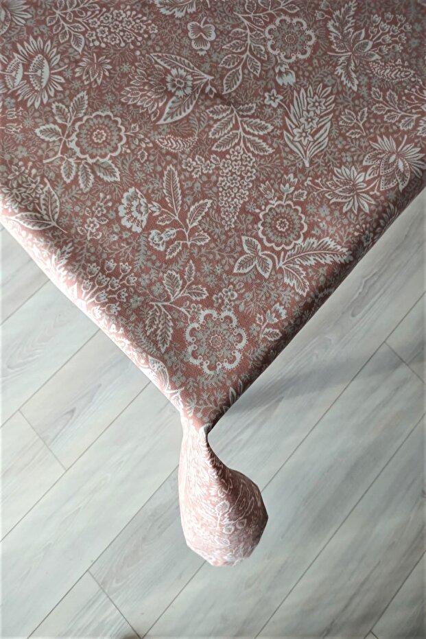 Keten Dokulu Gül Desenlı Gül Kurusu Masa Örtüsü - 1