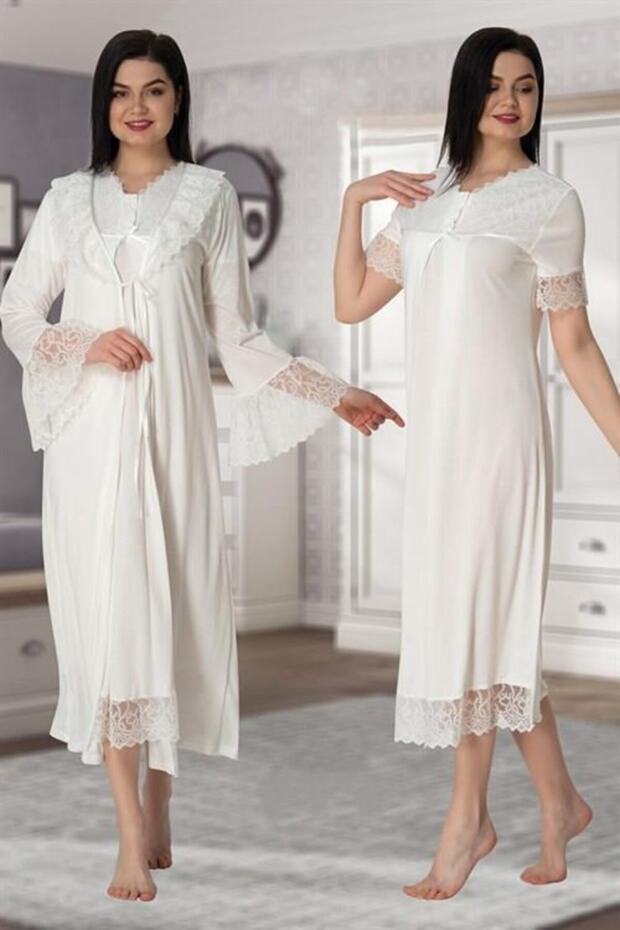 Effort Ecru Lace Decorated Maternity Nightgown Dressing Gown Set